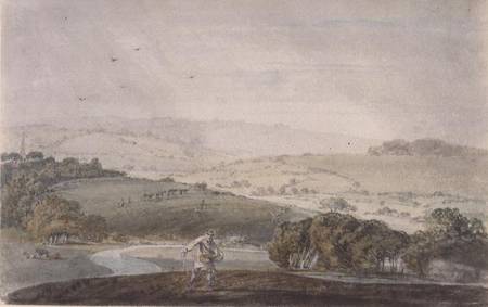 A Farmer Sowing, with a River Valley and Rolling Hills Beyond od William Turner