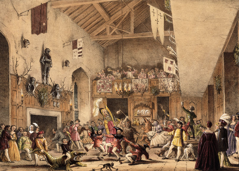 Twelfth Night Revels in the Great Hall, Haddon Hall, Derbyshire, from 'Architecture of the Middle Ag od Joseph Nash
