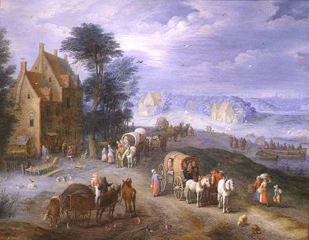 Landscape with peasants, carts and a ferry od Joseph van Bredael