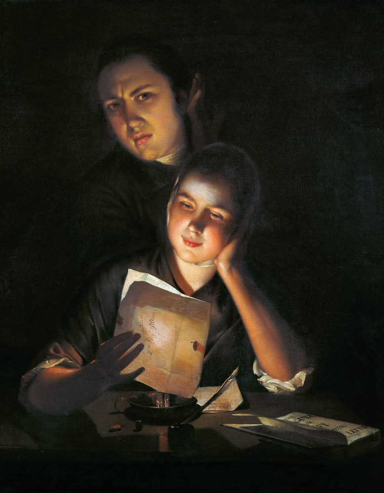 A Girl reading a letter by Candlelight, with a Young Man peering over her shoulder od Joseph Wright of Derby