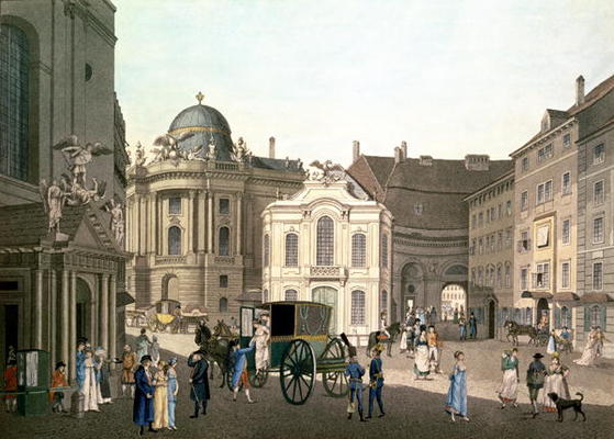 View of Michaelerplatz showing the Old Burgtheater (hand-coloured engraving) od Karel Postl
