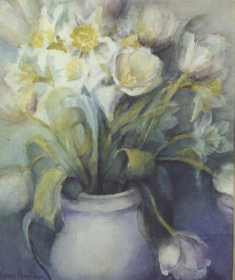 Tulips Fosteriane Purissima and Daffodils, Ice Follies in a White Jug  od Karen  Armitage