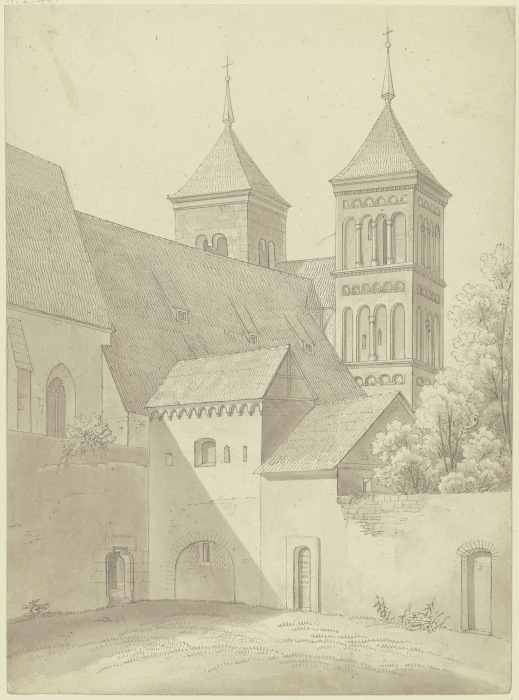 Romanische Kirche mit zwei Türmen, vorn der Klosterhof od Karl Ballenberger