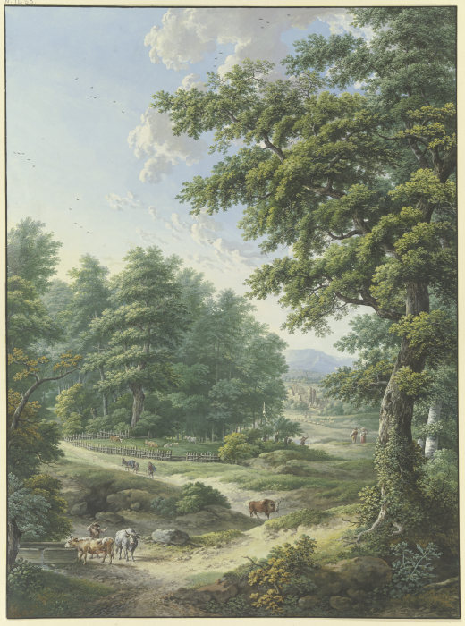 Umzäunter Weideplatz im Wald, im Vordergrund eine Viehtränke od Karl Franz Kraul