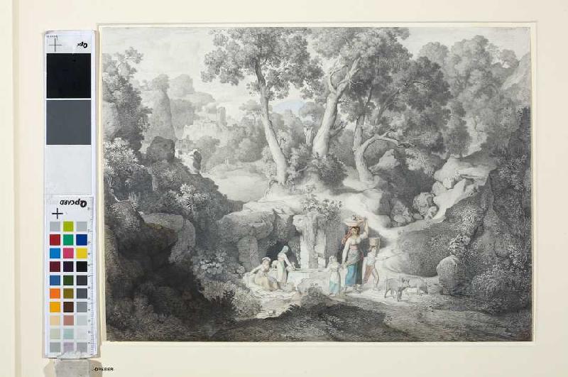 Heroische Landschaft mit Landleuten beim Brunnen od Karl Heinrich Dreber