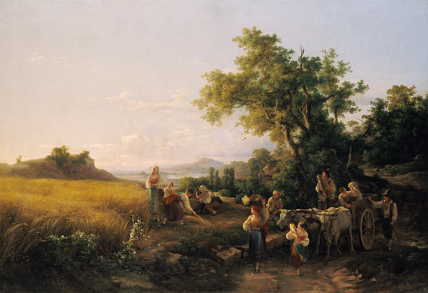 Italian landscape with ox cars during the grain harvest od Károly Markó