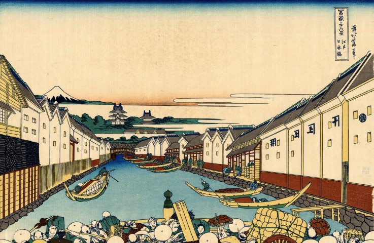 Nihonbashi bridge in Edo (from a Series "36 Views of Mount Fuji") od Katsushika Hokusai