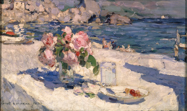 Blumenstrauss und Früchteteller am Meeresstrand