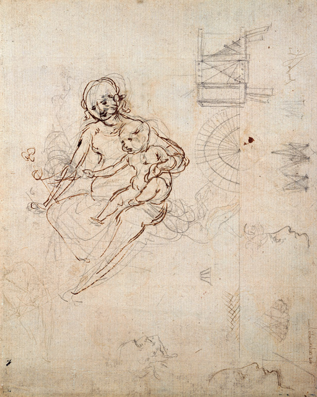 Studies for a Virgin and Child and of Heads in Profile and Machines, c.1478-80 (pencil and ink on pa od Leonardo da Vinci
