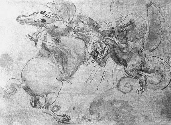 Battle between a Rider and a Dragon, c.1482 (stylus underdrawing, pen and brush on paper) od Leonardo da Vinci