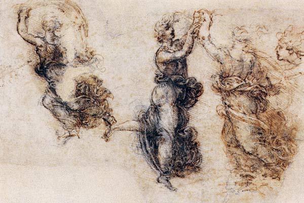 Three dancing figures and a study of a head (sepia & black ink on linen paper) od Leonardo da Vinci