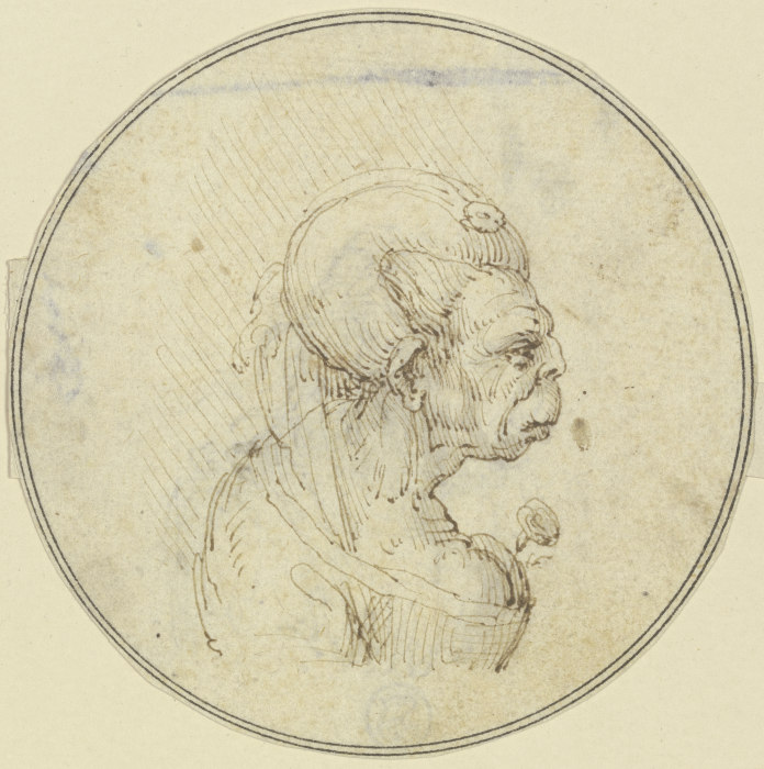Karikatur einer alten Frau, Brustbild mit einer Rose im Busen, im Profil nach rechts od Leonardo da Vinci