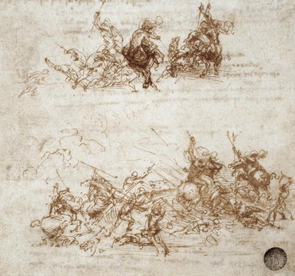 Page from a notebook showing figures fighting on horseback and on foot (sepia ink on linen paper) od Leonardo da Vinci