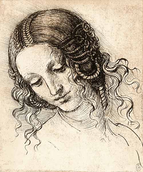 Studienblatt mit weiblichem Kopf (Leda) od Leonardo da Vinci