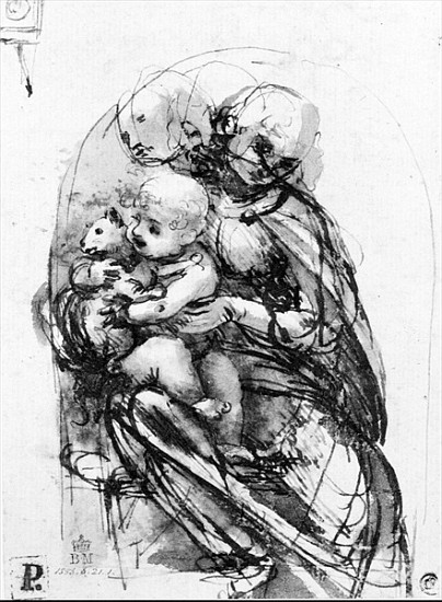 Study for a Madonna with a Cat, c.1478-80 (pen & ink over stylus underdrawing on paper) od Leonardo da Vinci