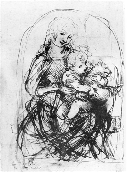 Study for a Madonna with a Cat, c.1478-80 (pen and ink over stylus underdrawing on paper) od Leonardo da Vinci