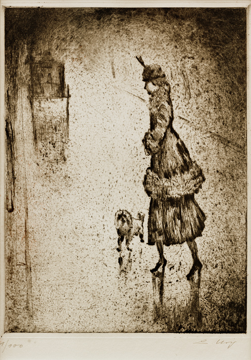 Dame mit Pudel auf regennasser Straße (Droschke links) od Lesser Ury
