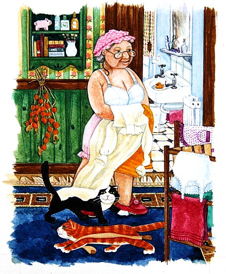 Grandma and 2 cats and nightdress od Linda  Benton