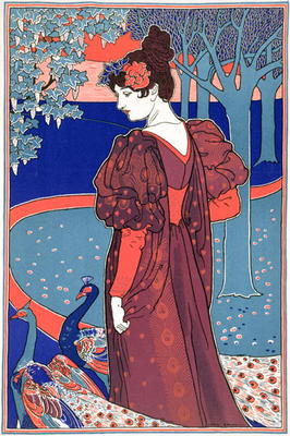 Woman with Peacocks, from 'L'Estampe Moderne', published Paris 1897-99 (colour litho) od Louis John Rhead