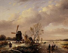 WinterlFlußlandschaft with ice-skaters and windmills