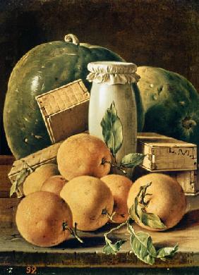 Still Life of Oranges, Watermelon, a Pot and Boxes of Cake