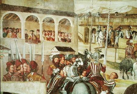 Tournament in Honour of Christian I (1426-81) of Denmark at Castello di Malpaga, detail from the lef od Marcello Fogolino