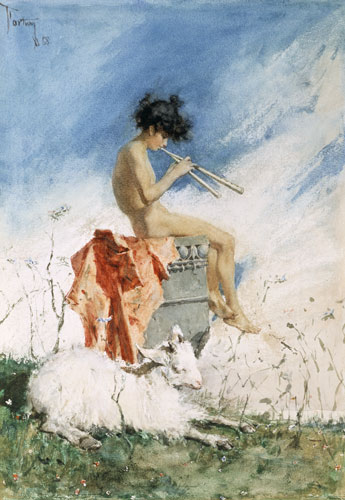 Idyll Schalmei blowing boy od Mariano Fortuny