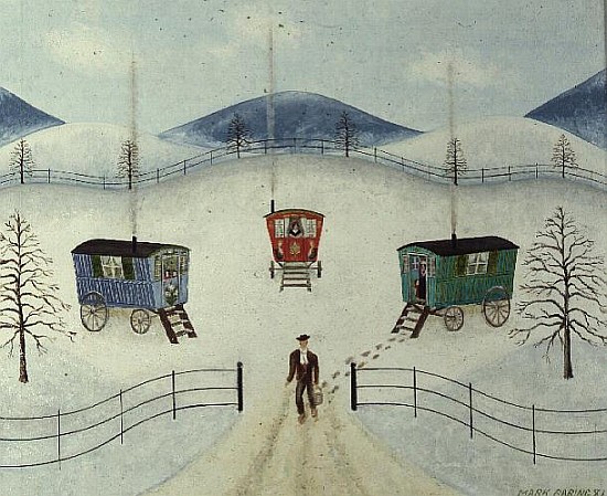 Gypsy Caravans in the Snow, 1981 (oil on board)  od Mark  Baring