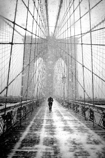 New York Walker in Blizzard - Brooklyn Bridge