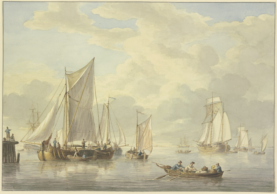 Ruhige See mit vielen Schiffen, vorne ein Boot mit drei Ruderern und einer Frau od Martinus Schouman