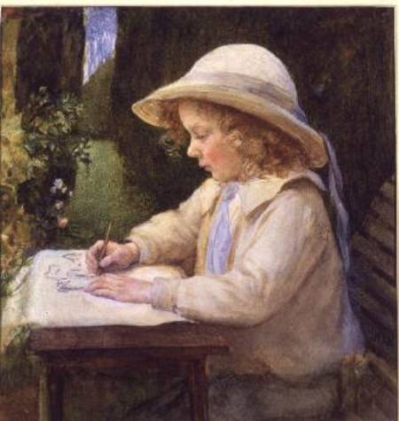 Girl drawing on a garden table (study) od Mary Lascelles Harcourt