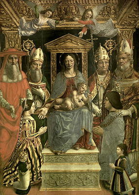 The Sforza Altarpiece, Madonna and Child enthroned with the Doctors of the Church and the family of od Master of the Pala Sforzesca