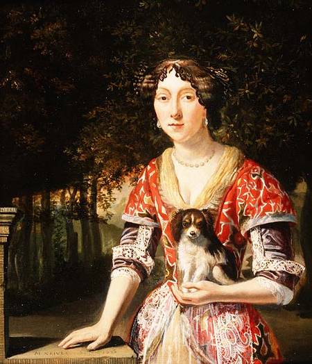 Portrait of a Lady Wearing a Red and White Dress od Matthys Naiveu