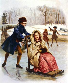 Children Skating (colour litho) 