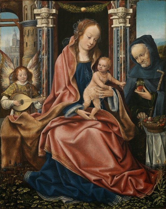 Triptych of the Holy Family with Music Making Angels. Central panel od Meister von Frankfurt