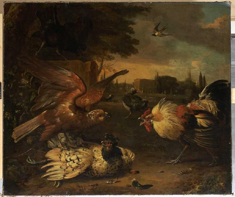 Ein Hahn verteidigt eine von einem Falken geschlagene Henne. od Melchior de Hondecoeter