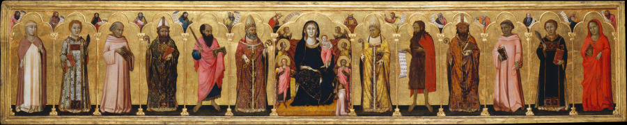 Madonna and Child Enthroned with Angels,Twelve Saints, Prophets,  and the Donor od Meo da Siena
