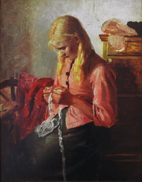 Young girl crocheting od Michael Peter Ancher