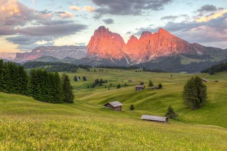 Alpenglühen auf der Seiser Alm in Südtirol