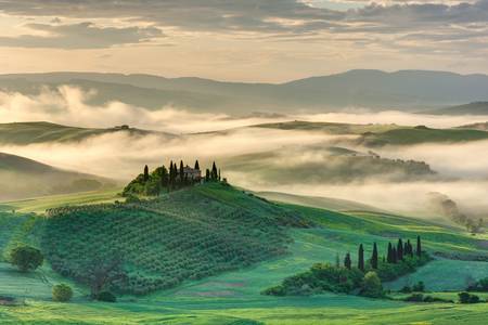 Morgennebel im Val d\\\'Orcia in der Toskana