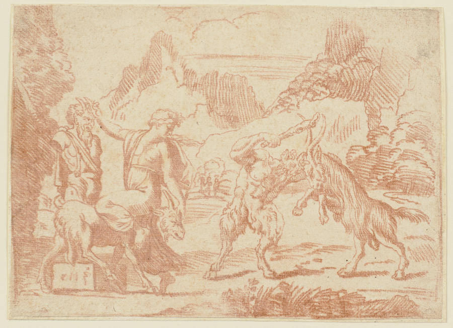 Bacchantin, an einer Panherme rückwärts auf einer Ziege sitzend, und ein Satyr, der mit einem Bock k od Michel Corneille d. J.