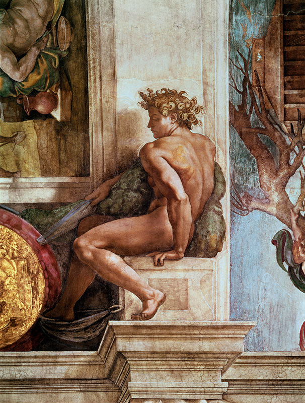 Ignudo from the Sistine Ceiling (pre restoration) od Michelangelo (Buonarroti)