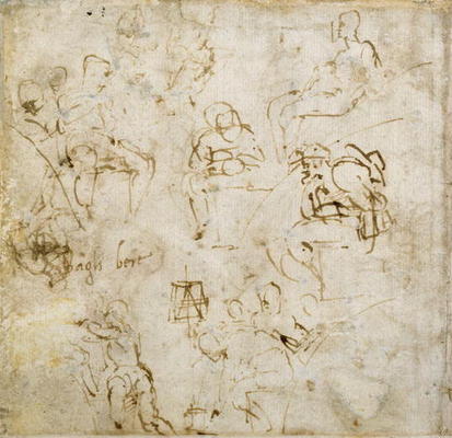 Figure study with writing, c.1511 (pen & ink on paper) od Michelangelo (Buonarroti)