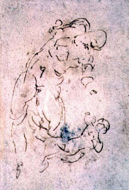 Inv. 1859 6-25-553. R. (W.56) Sketch of reclining male and child (red chalk) od Michelangelo (Buonarroti)