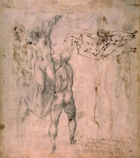 Male group and seated figure with child (pen & ink od Michelangelo (Buonarroti)
