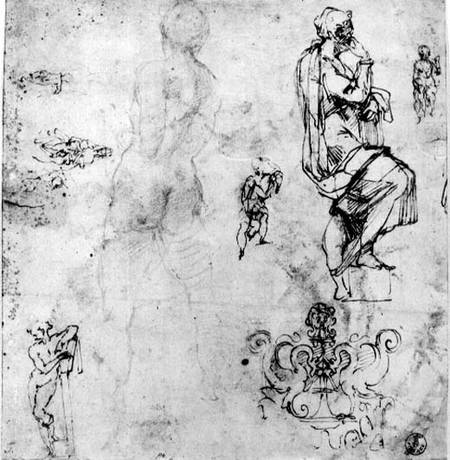 Sketches of male nudes, a madonna and child and a decorative emblem  & ink and od Michelangelo (Buonarroti)