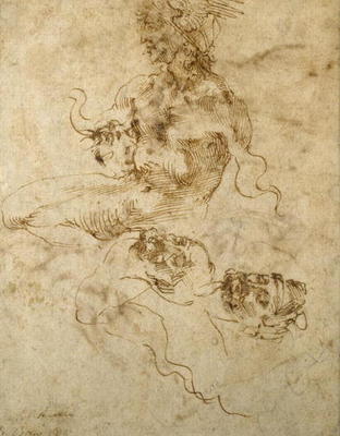 Study of a seated young Man, with head studies, c.1502 (pen & ink on paper) od Michelangelo (Buonarroti)