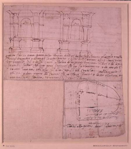 W.23r Architectural sketch with notes (pen & ink) od Michelangelo (Buonarroti)