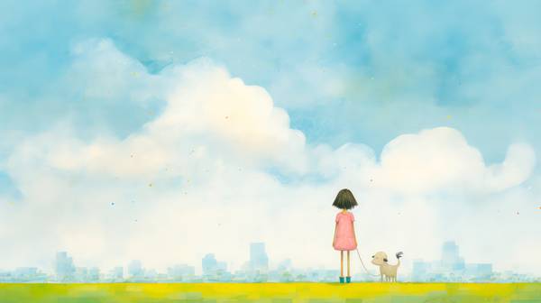 Aquarelle mit einem Mädchen und Hund, Skyline, Wolkenlandschaften, minimalistisch. Digital AI Art. od Miro May