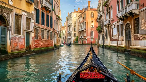 Blick aus einer Gondel auf ein Kanal und bunten Häuser in Venedig  od Miro May